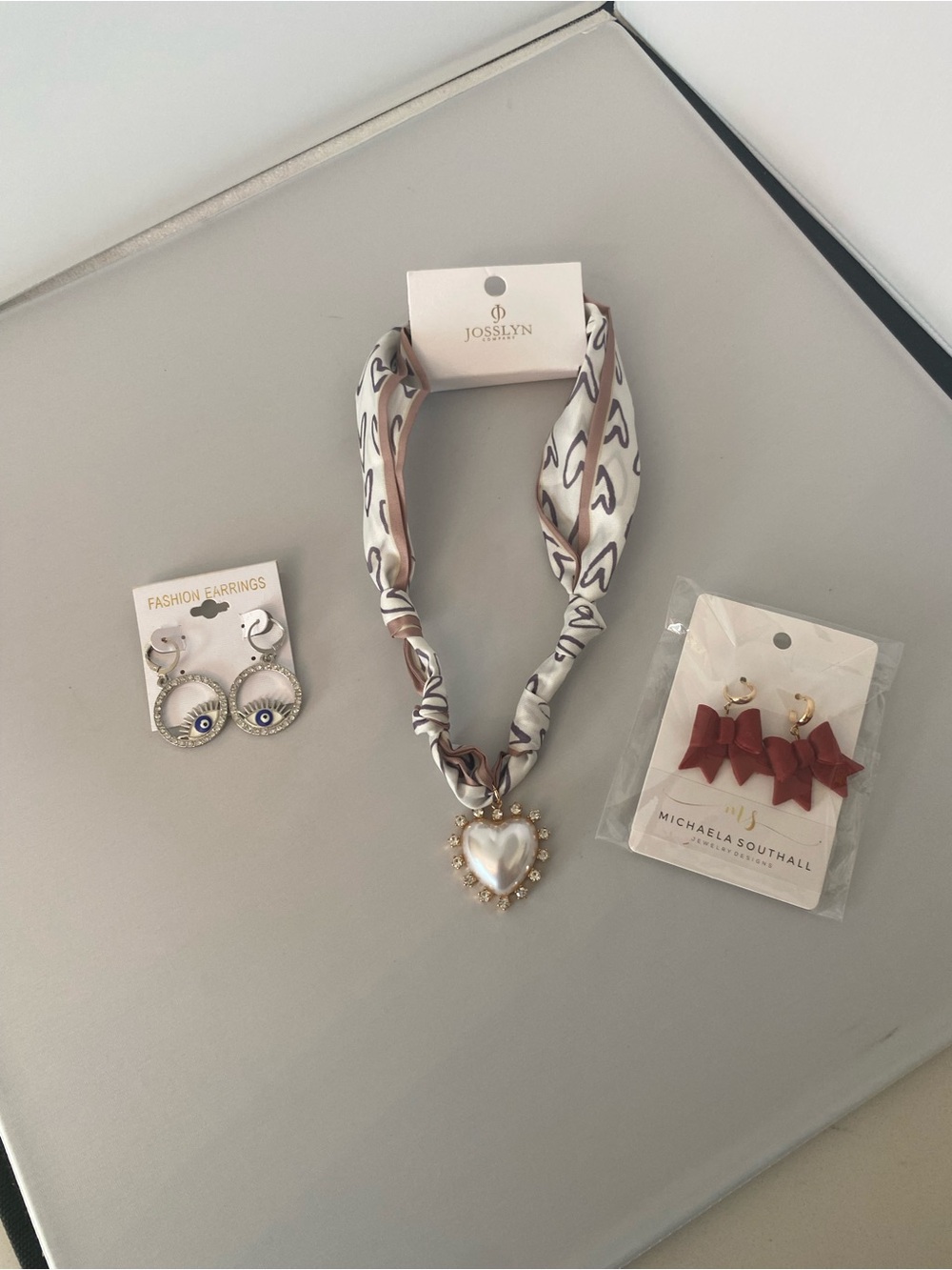Bundle of jewelry Heart Pendant Scarf Necklace and bow & evil eye earrings